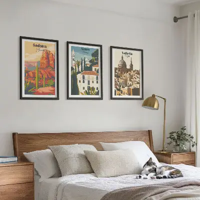 Three-piece wall art set featuring views of Sedona, Sintra, and Valletta in a retro style