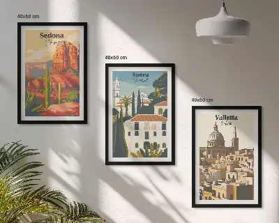 Three-piece wall art set featuring views of Sedona, Sintra, and Valletta in a retro style