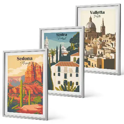 Three-piece wall art set featuring views of Sedona, Sintra, and Valletta in a retro style
