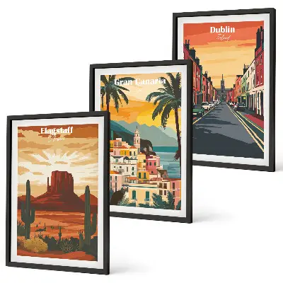 Set of 3 framed wall art pieces Landscapes of natural cities