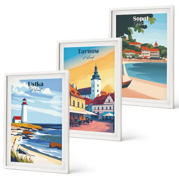 Wall art set featuring city views of Ustka, Tarnów, and Sopot