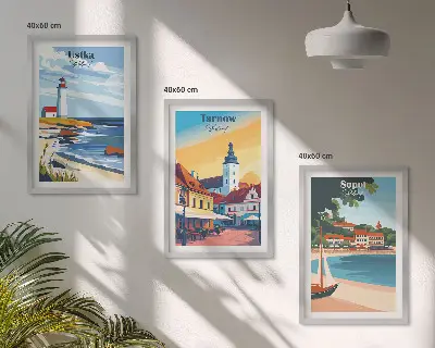 Wall art set featuring city views of Ustka, Tarnów, and Sopot