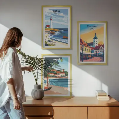 Wall art set featuring city views of Ustka, Tarnów, and Sopot