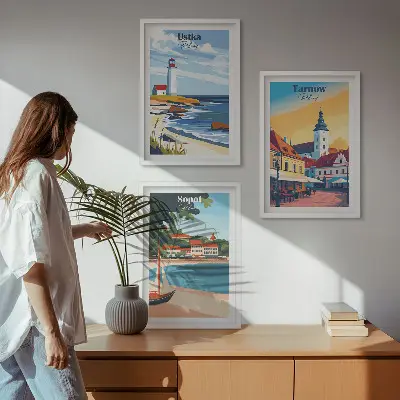 Wall art set featuring city views of Ustka, Tarnów, and Sopot