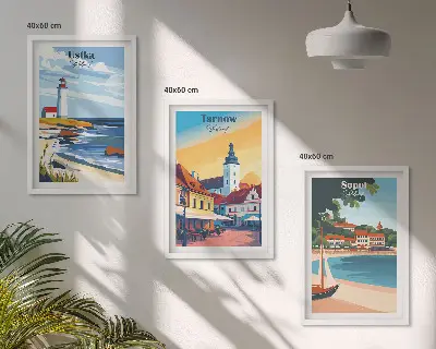 Wall art set featuring city views of Ustka, Tarnów, and Sopot