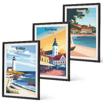 Wall art set featuring city views of Ustka, Tarnów, and Sopot