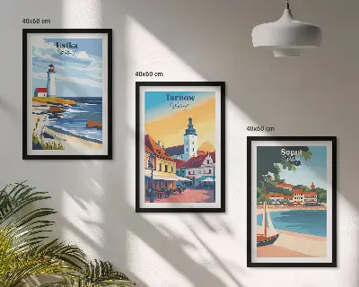 Wall art set featuring city views of Ustka, Tarnów, and Sopot