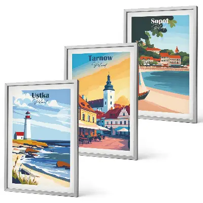 Wall art set featuring city views of Ustka, Tarnów, and Sopot