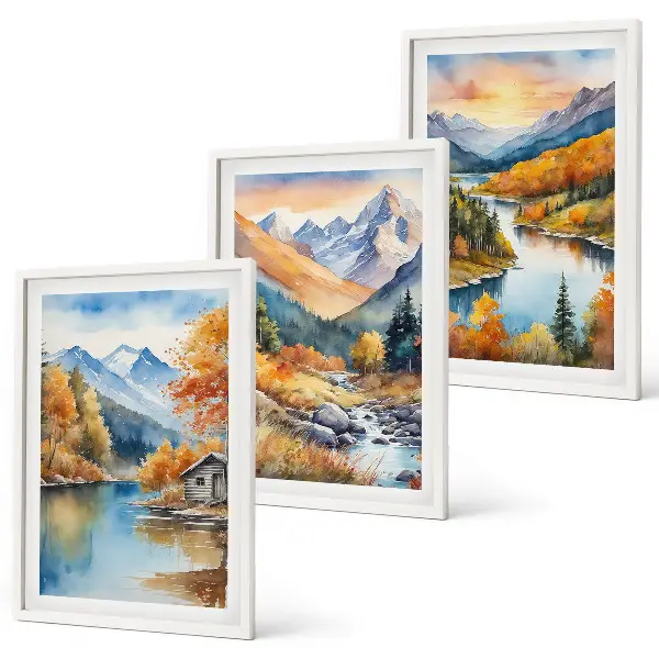 Three-piece wall art set featuring an autumn mountain landscape and river