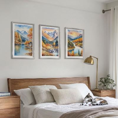 Three-piece wall art piece Mountain landscape river autumn