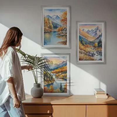 Three-piece wall art set featuring an autumn mountain landscape and river
