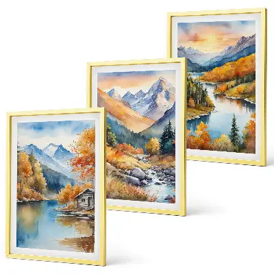 Three-piece wall art set featuring an autumn mountain landscape and river