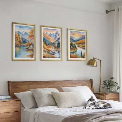 Three-piece wall art piece Mountain landscape river autumn