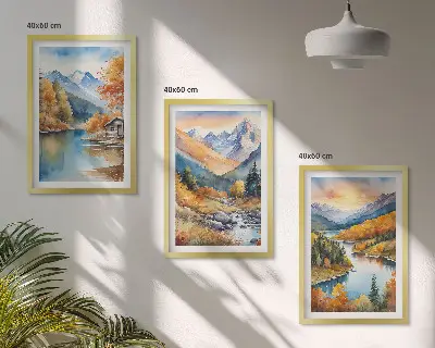 Three-piece wall art set featuring an autumn mountain landscape and river