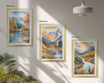 Three-piece wall art piece Mountain landscape river autumn