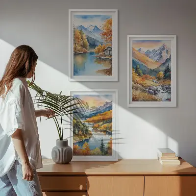 Three-piece wall art set featuring an autumn mountain landscape and river
