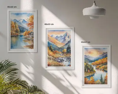 Three-piece wall art set featuring an autumn mountain landscape and river