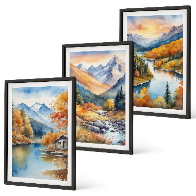 Three-piece wall art piece Mountain landscape river autumn