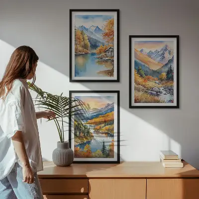 Three-piece wall art set featuring an autumn mountain landscape and river