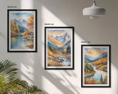 Three-piece wall art set featuring an autumn mountain landscape and river