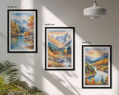 Three-piece wall art piece Mountain landscape river autumn