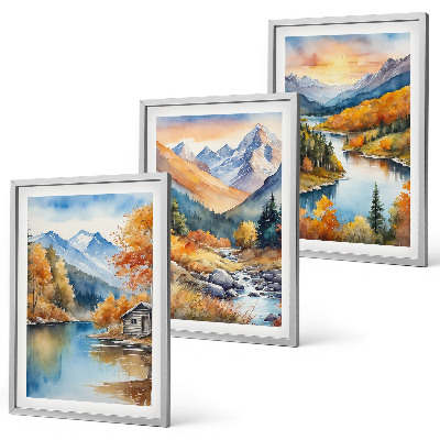 Three-piece wall art piece Mountain landscape river autumn