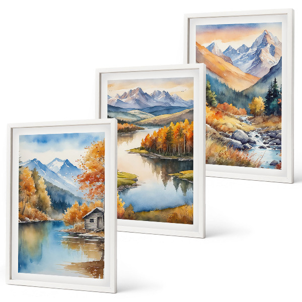 Set of 3 framed wall art pieces Mountain rivers autumn trees