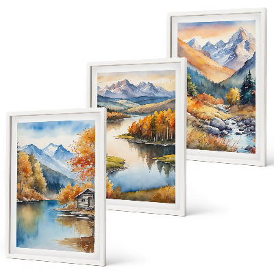 Set of 3 framed wall art pieces Mountain rivers autumn trees