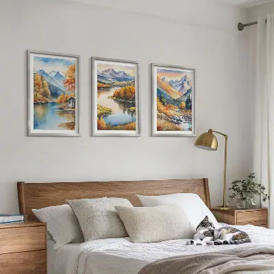 Set of 3 framed wall art pieces featuring mountain rivers and autumn trees
