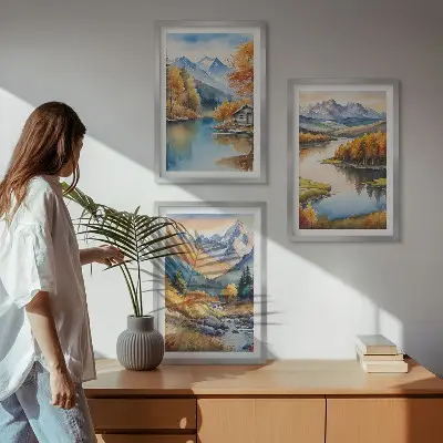 Set of 3 framed wall art pieces featuring mountain rivers and autumn trees