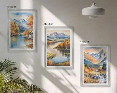 Set of 3 framed wall art pieces featuring mountain rivers and autumn trees
