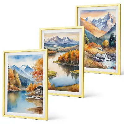 Set of 3 framed wall art pieces featuring mountain rivers and autumn trees