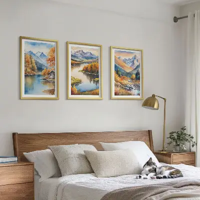 Set of 3 framed wall art pieces featuring mountain rivers and autumn trees