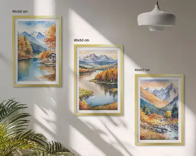 Set of 3 framed wall art pieces featuring mountain rivers and autumn trees