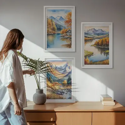 Set of 3 framed wall art pieces featuring mountain rivers and autumn trees