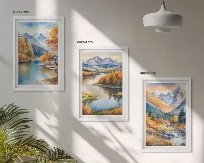 Set of 3 framed wall art pieces featuring mountain rivers and autumn trees