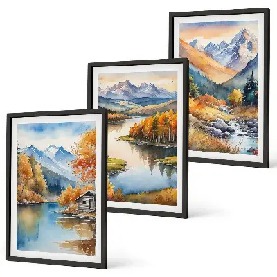 Set of 3 framed wall art pieces featuring mountain rivers and autumn trees