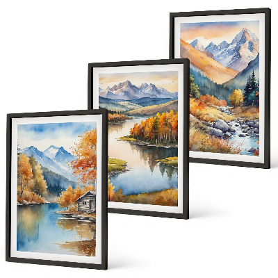 Set of 3 framed wall art pieces Mountain rivers autumn trees