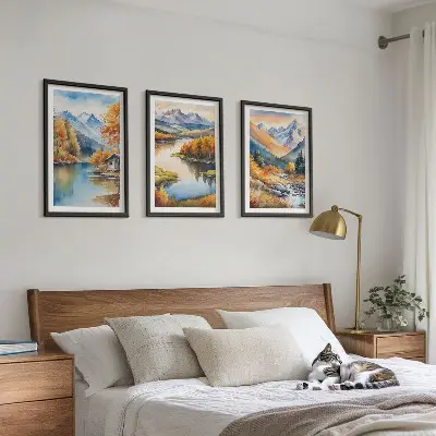 Set of 3 framed wall art pieces featuring mountain rivers and autumn trees