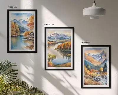 Set of 3 framed wall art pieces featuring mountain rivers and autumn trees