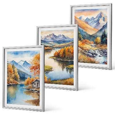 Set of 3 framed wall art pieces Mountain rivers autumn trees