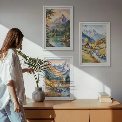 Mountain landscape wall art set featuring a river