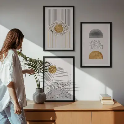 Three-piece abstract wall art in beige and gray