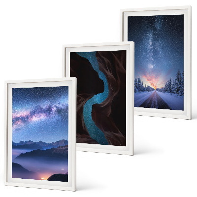 Set of 3 framed wall art pieces Night sky mountains winter landscape