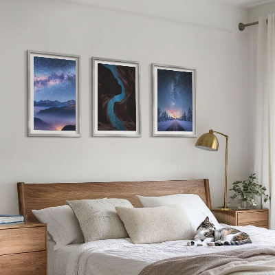 Set of 3 framed wall art pieces Night sky mountains winter landscape