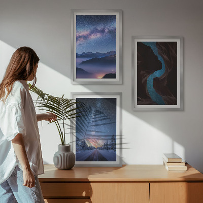 Set of 3 framed wall art pieces Night sky mountains winter landscape