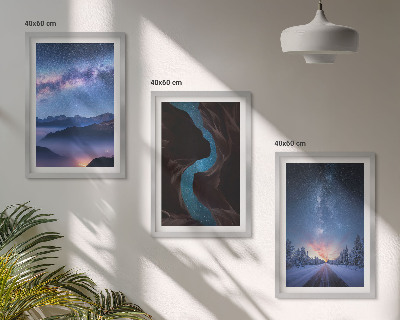 Set of 3 framed wall art pieces Night sky mountains winter landscape