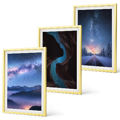 Set of 3 framed wall art pieces Night sky mountains winter landscape