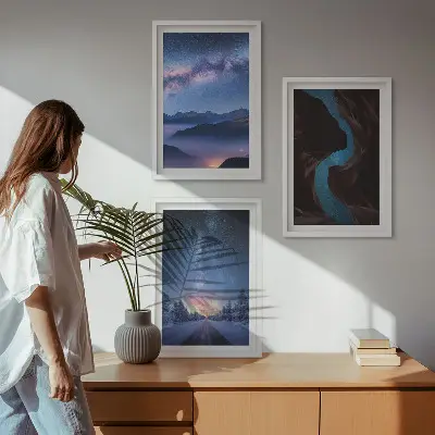 Night sky mountain winter landscape wall art set of 3 framed pieces