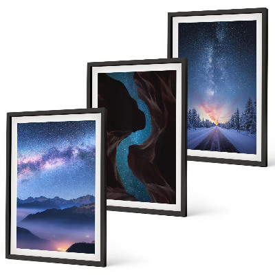 Set of 3 framed wall art pieces Night sky mountains winter landscape